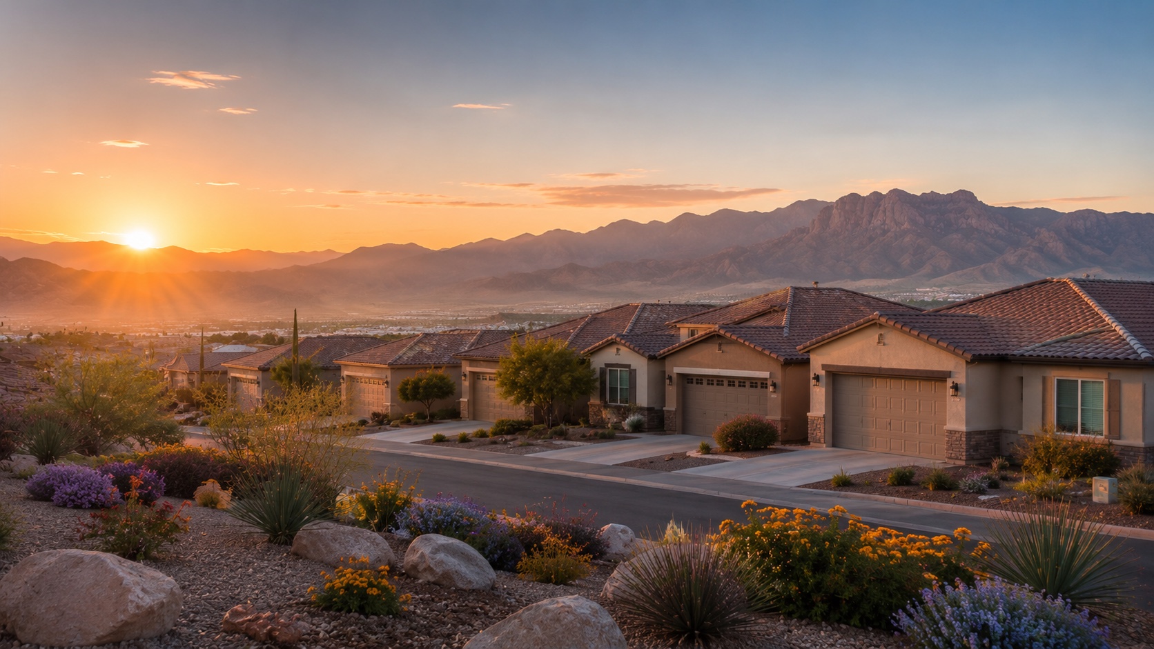 Las Vegas residential neighborhood at sunrise with tile-roof homes, mountains, and blooming desert landscaping in soft golden light