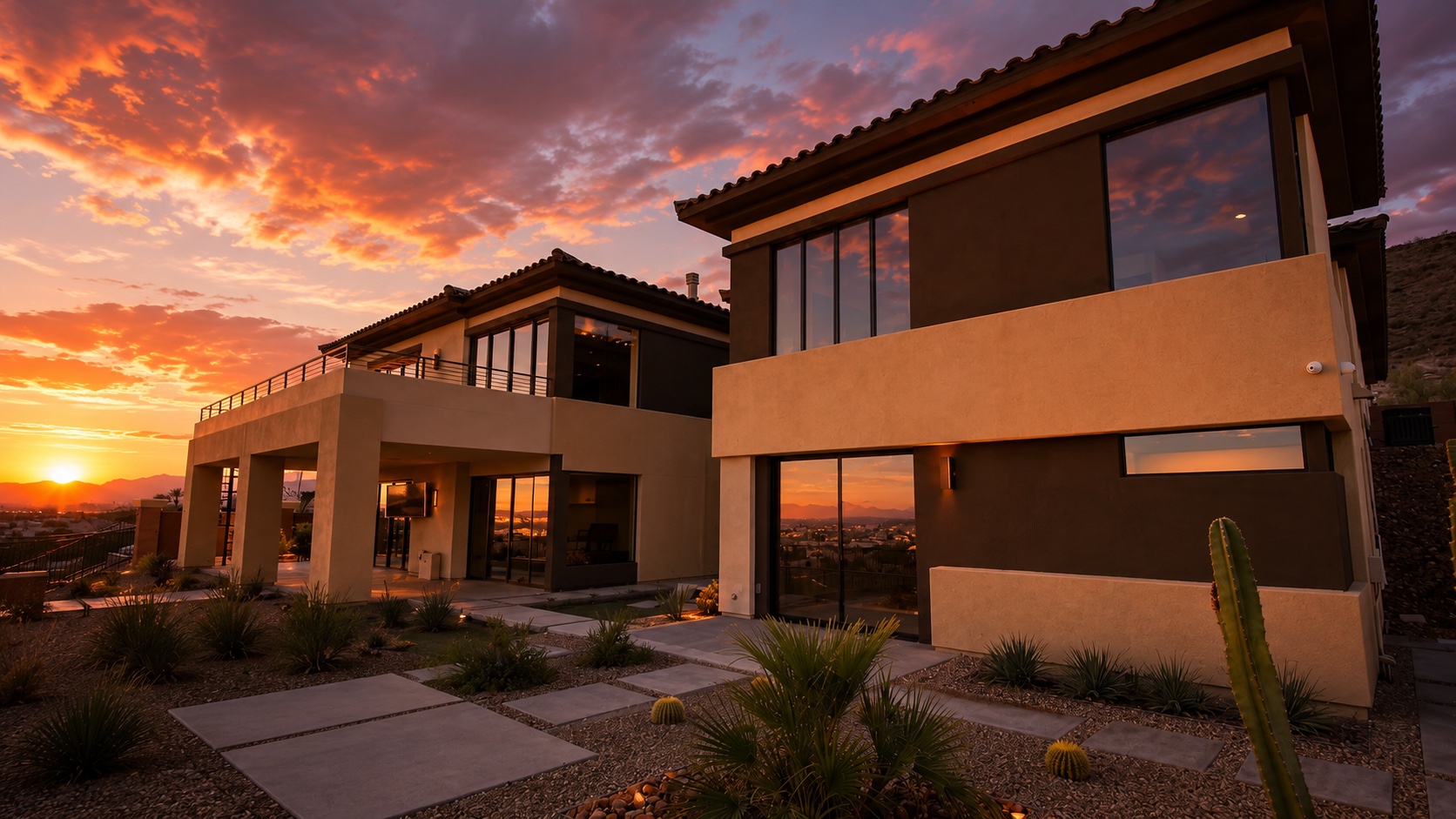 Modern luxury Las Vegas hillside home at dramatic sunset with crystal-clear reflective windows, warm interior lights, and xeriscape desert landscaping in the foreground