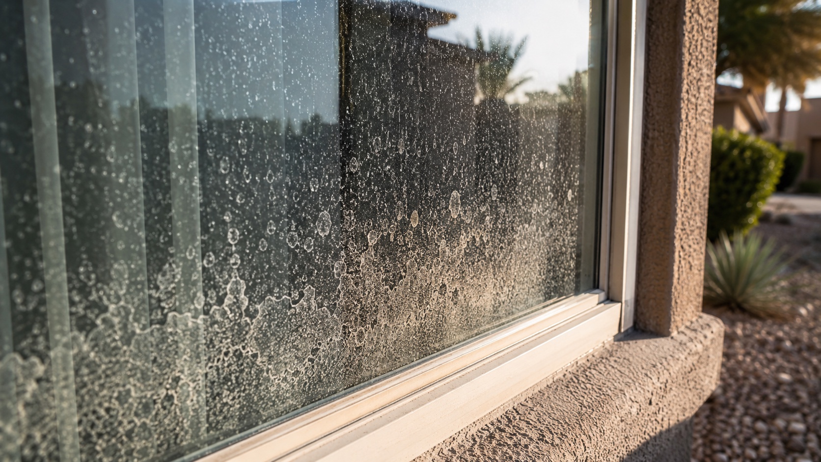 Close-up of a Las Vegas residential window with visible white hard-water mineral spots and sprinkler overspray etching across the glass