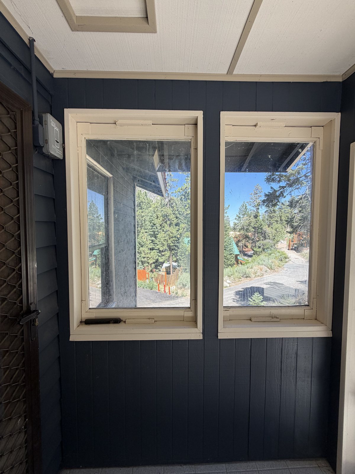 Mt. Charleston cabin porch windows hazed with pollen film and mountain dust before professional cleaning