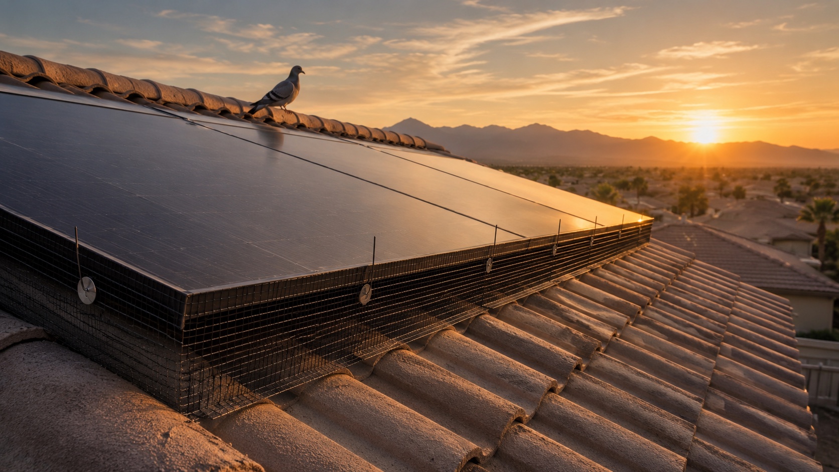 Residential solar panel array on a Las Vegas tile roof at golden hour with critter guard mesh installed around the perimeter and a single pigeon perched on the ridge above the panels