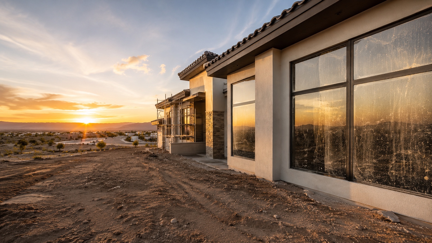 New construction Las Vegas home at sunset with windows visibly streaked with construction debris and stucco overspray