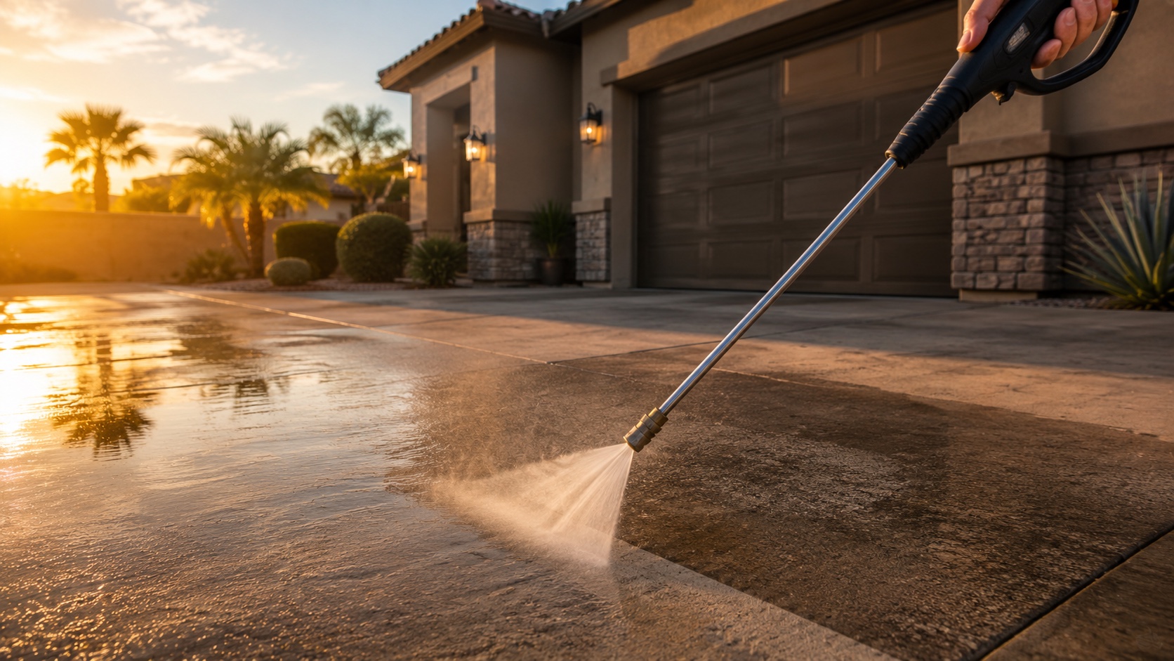 Professional pressure washer wand spraying a Las Vegas driveway at golden hour, lifting dirt and revealing a clean strip of concrete
