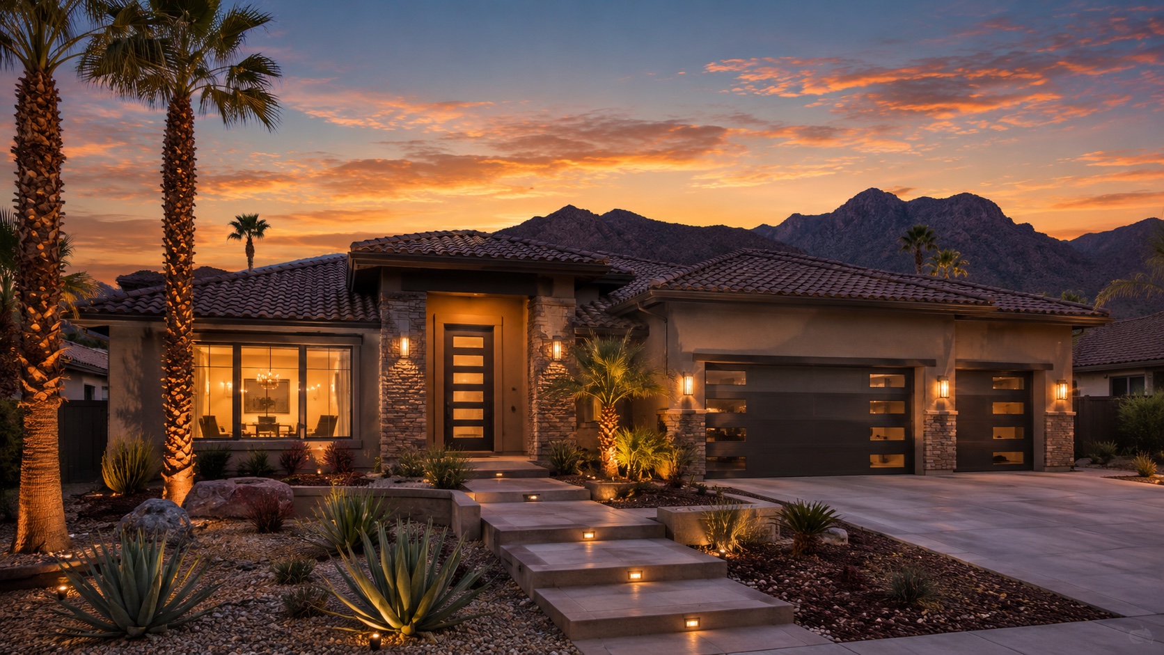 Listing-ready modern Las Vegas home at golden hour with crystal-clear front windows, warm interior lights, palm trees, and desert landscaping at twilight