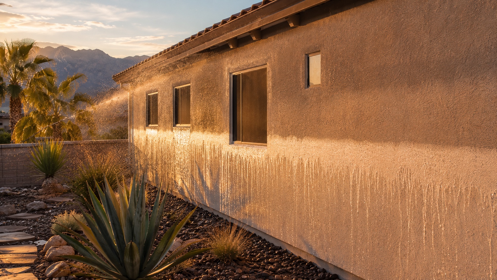 Las Vegas stucco home side wall mid-soft-wash treatment at golden hour with water beading and running down the freshly cleaned surface