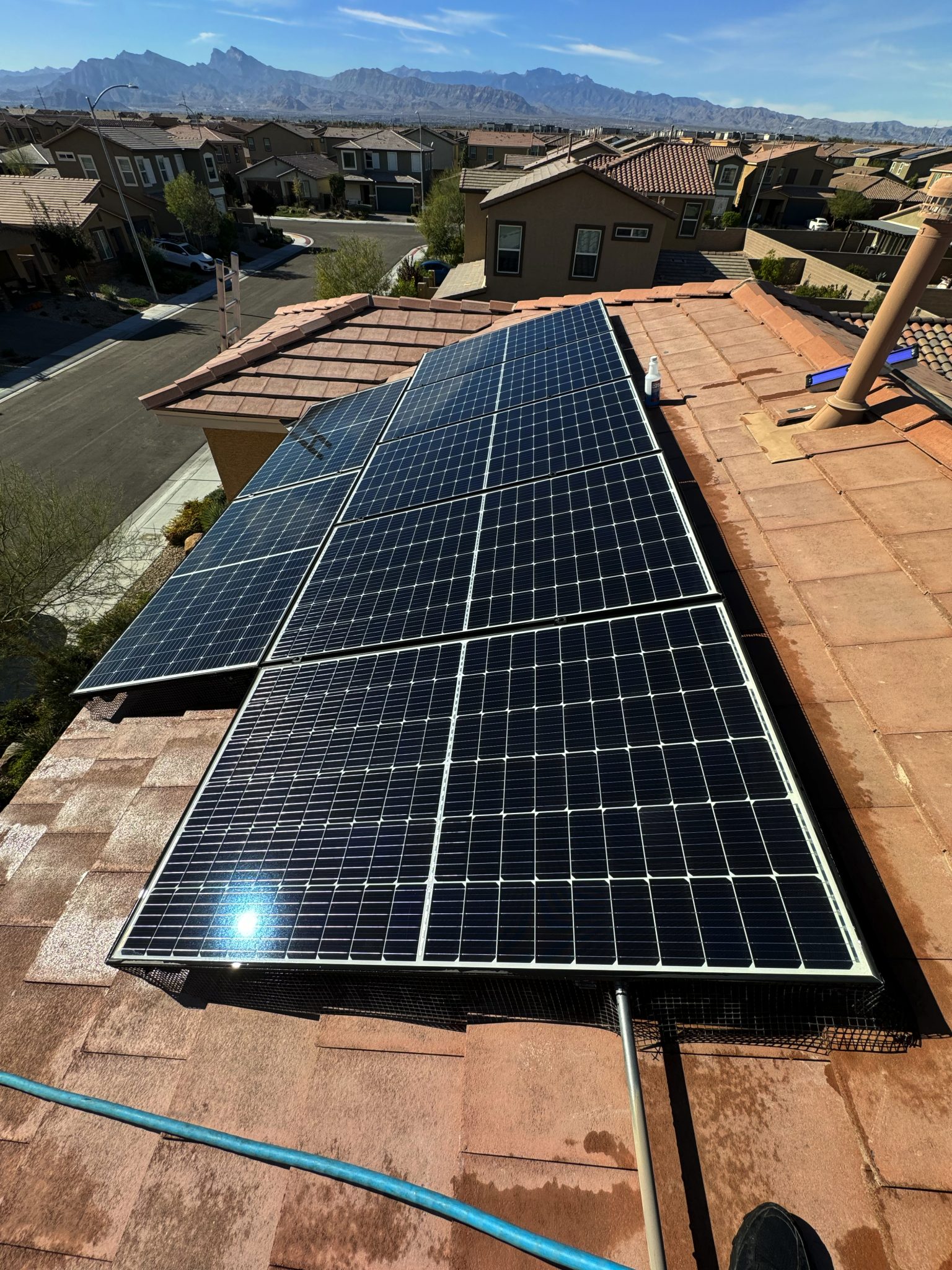 Sparkling clean solar panels on a newer Centennial Hills home after professional cleaning
