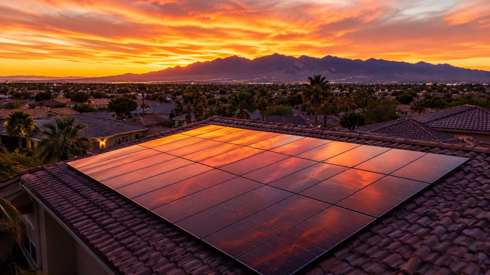 Spotlessly clean rooftop solar panels on a Las Vegas home reflecting a magenta and orange sunset sky with the valley below and Spring Mountains silhouetted in the distance