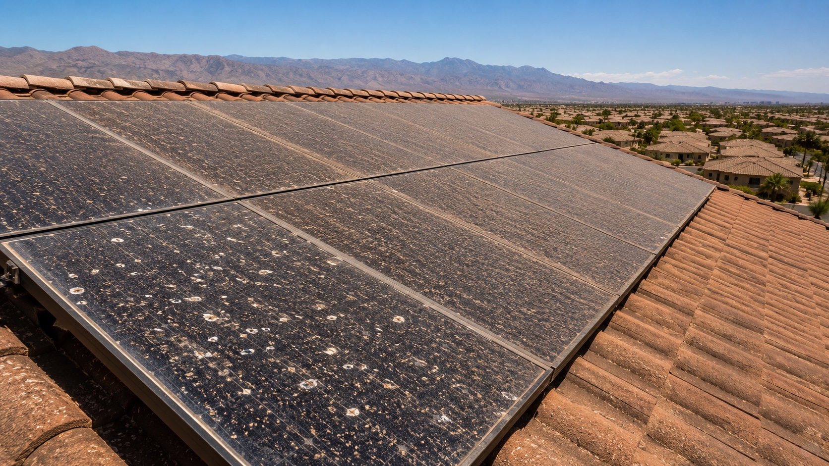 Close-up of heavily dust-coated and bird-droppings-spotted solar panels on a Las Vegas tile roof under clear midday desert sun with valley and mountains in the distance