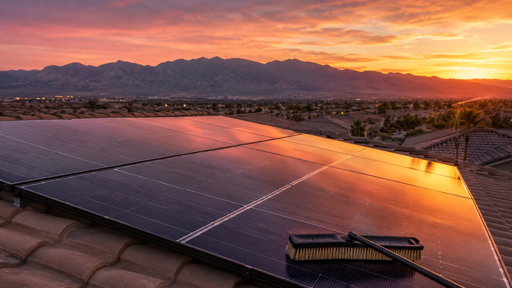 Pristine residential solar panel array on a Las Vegas tile roof at golden hour with a soft-bristle maintenance brush resting at the edge and Spring Mountains silhouetted in the distance
