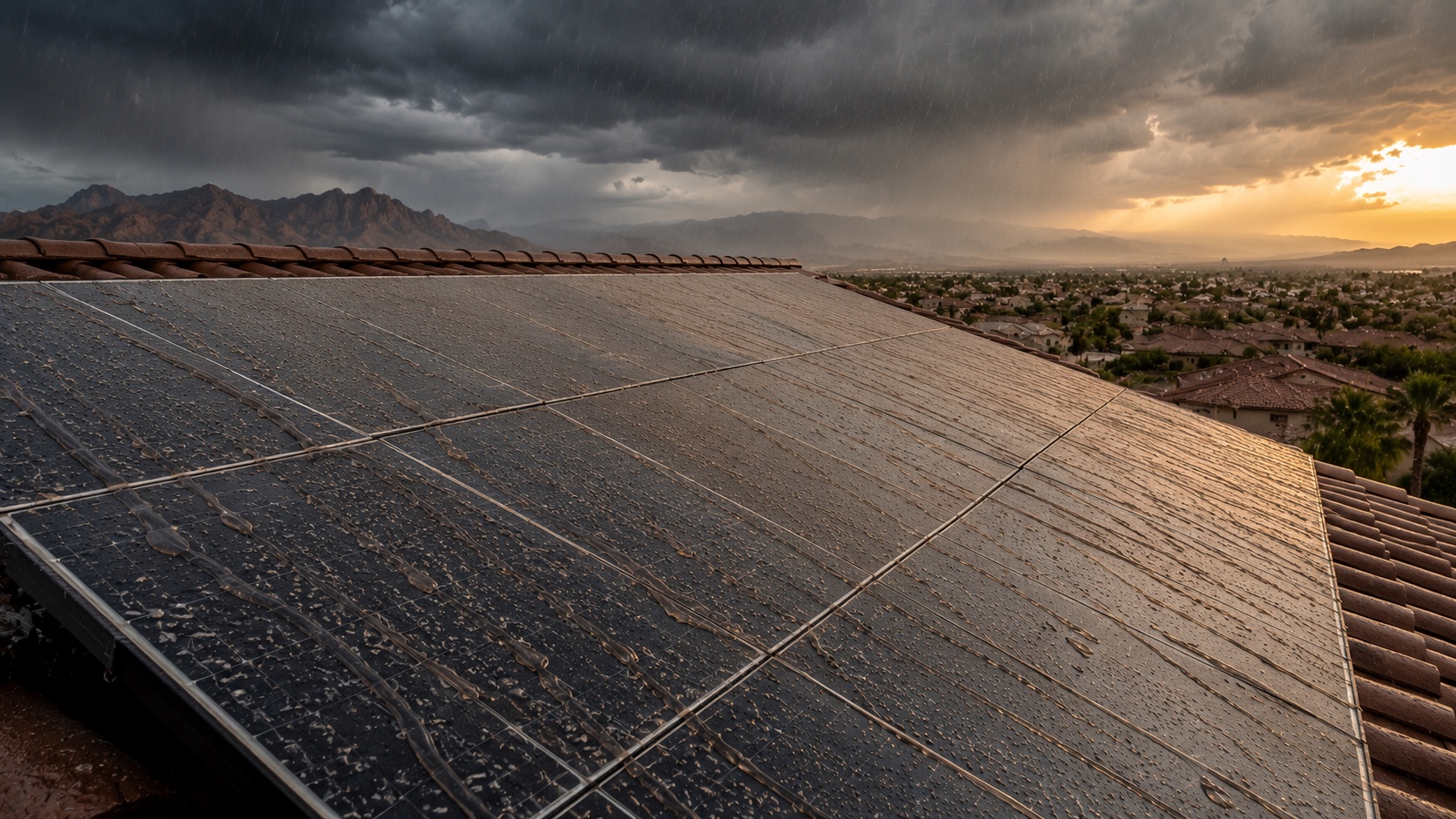 Rain falling on dust-coated solar panels on a Las Vegas rooftop during a desert storm, creating muddy streaks across the panel surface