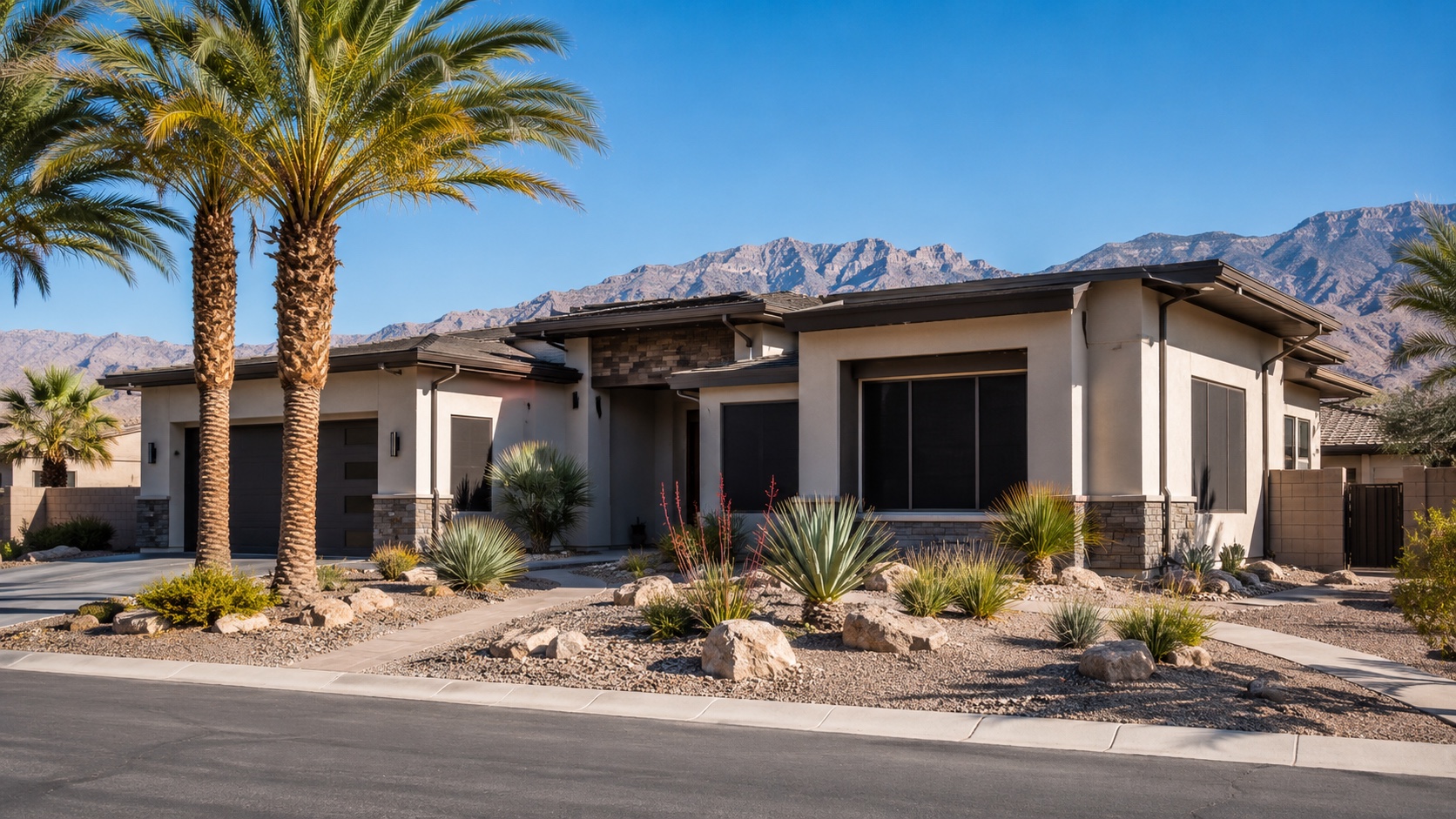 Single-story Las Vegas home with dark solar screens installed on all front windows blocking afternoon sun