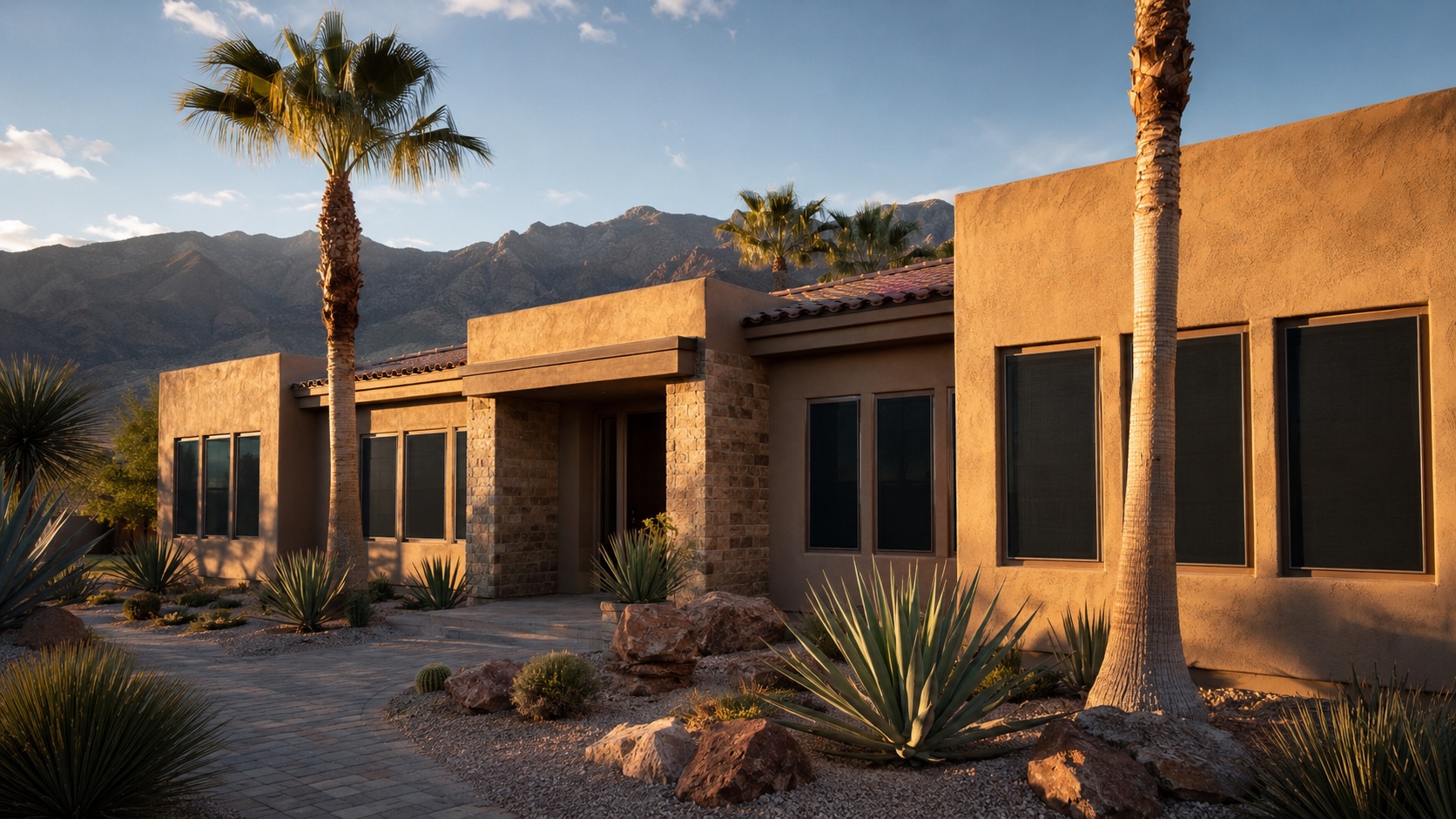 Tan stucco Las Vegas home at golden hour with custom dark solar screens installed on every front-facing window, palm trees and Spring Mountains in the background
