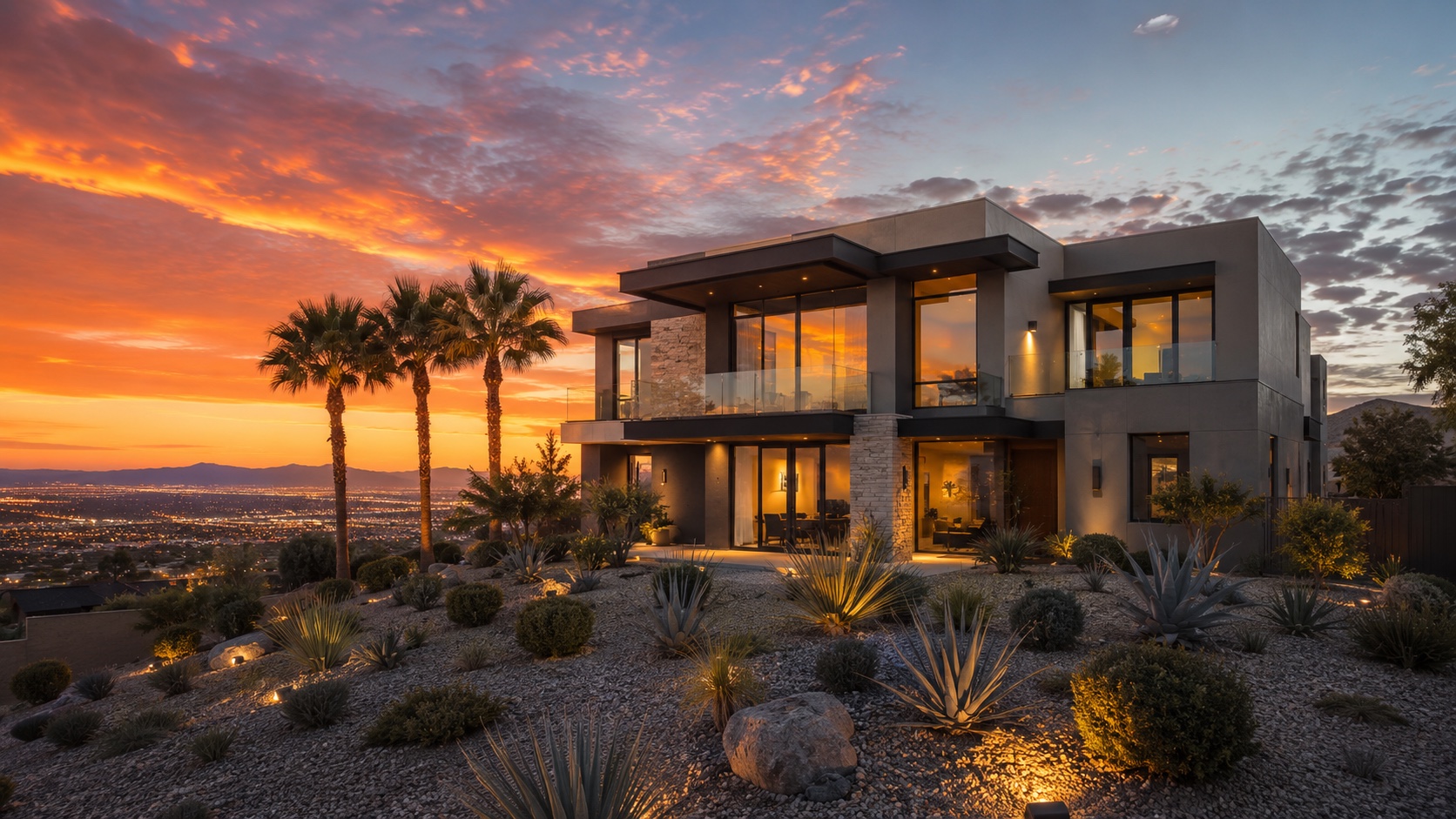Modern Las Vegas two-story stucco home at golden hour with crystal-clear windows reflecting a warm sunset sky