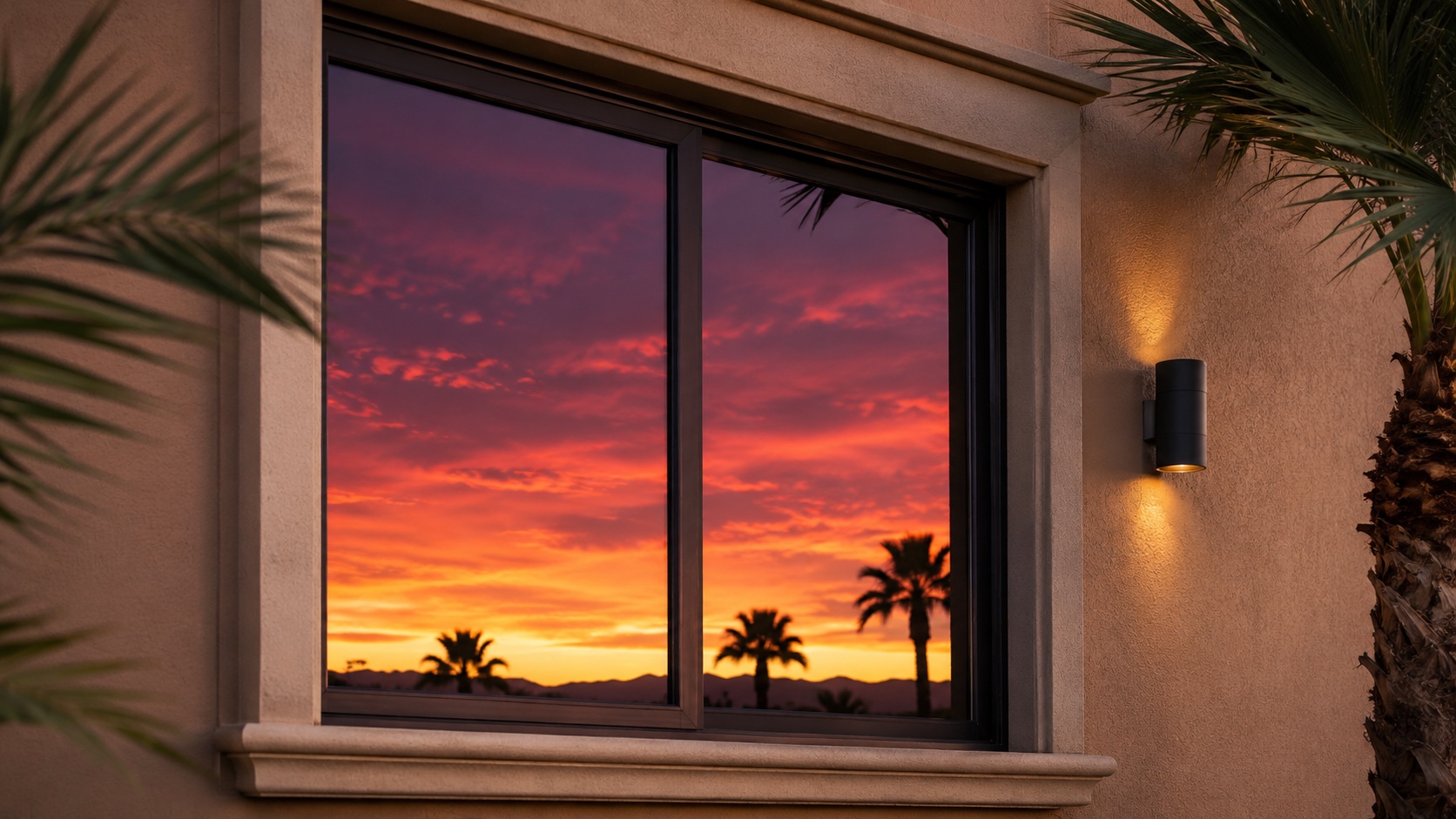 Immaculate Las Vegas residential window reflecting a deep magenta and amber sunset sky with palm tree silhouettes