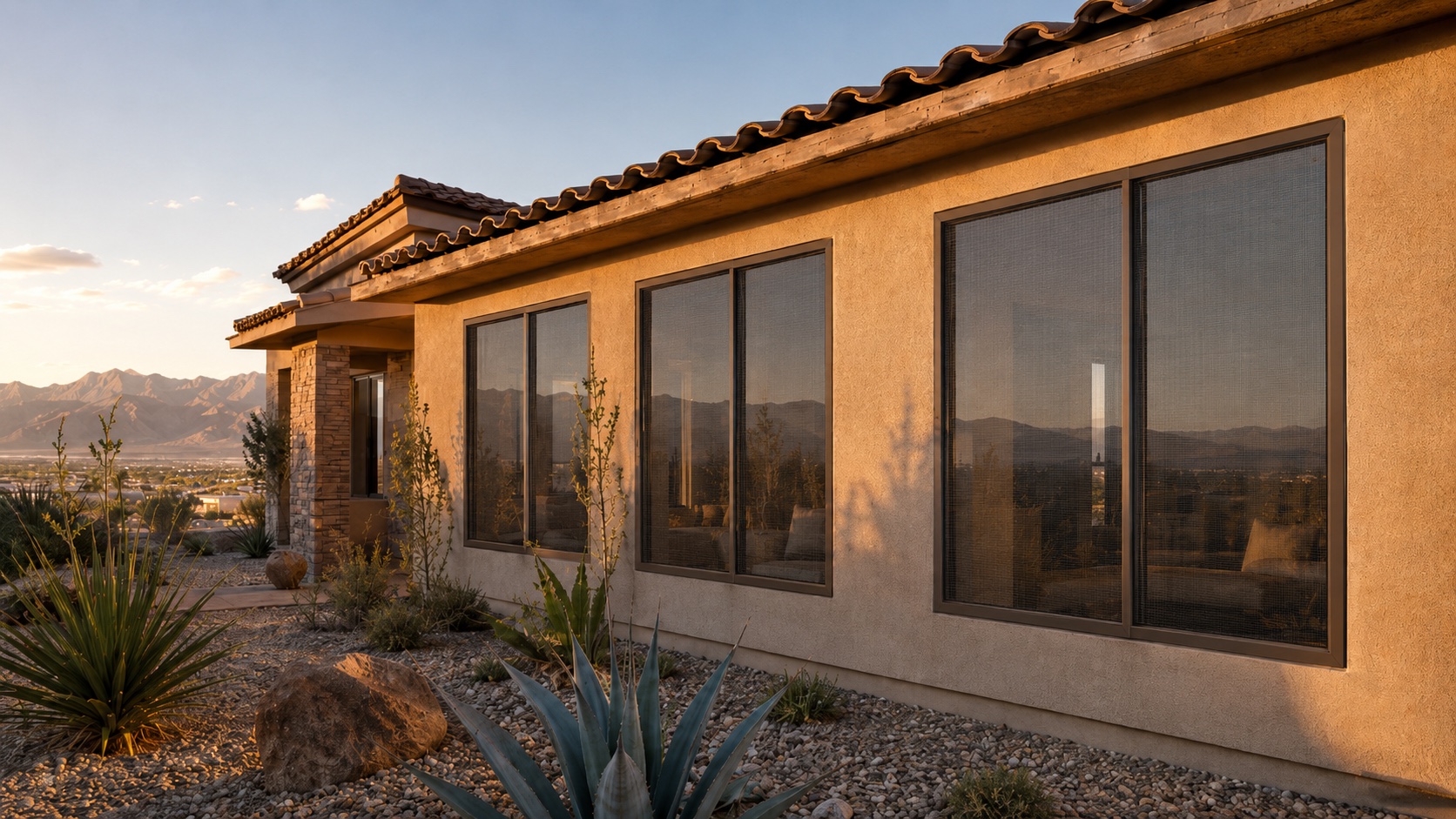 Tan stucco Las Vegas single-story home at golden hour with brand-new bronze-framed fiberglass insect screens installed on multiple front windows, Spring Mountains in the distance